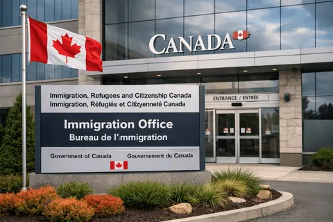 Newcomer families outside a Canadian immigration office, representing Lexwood Law's immigration lawyer services
